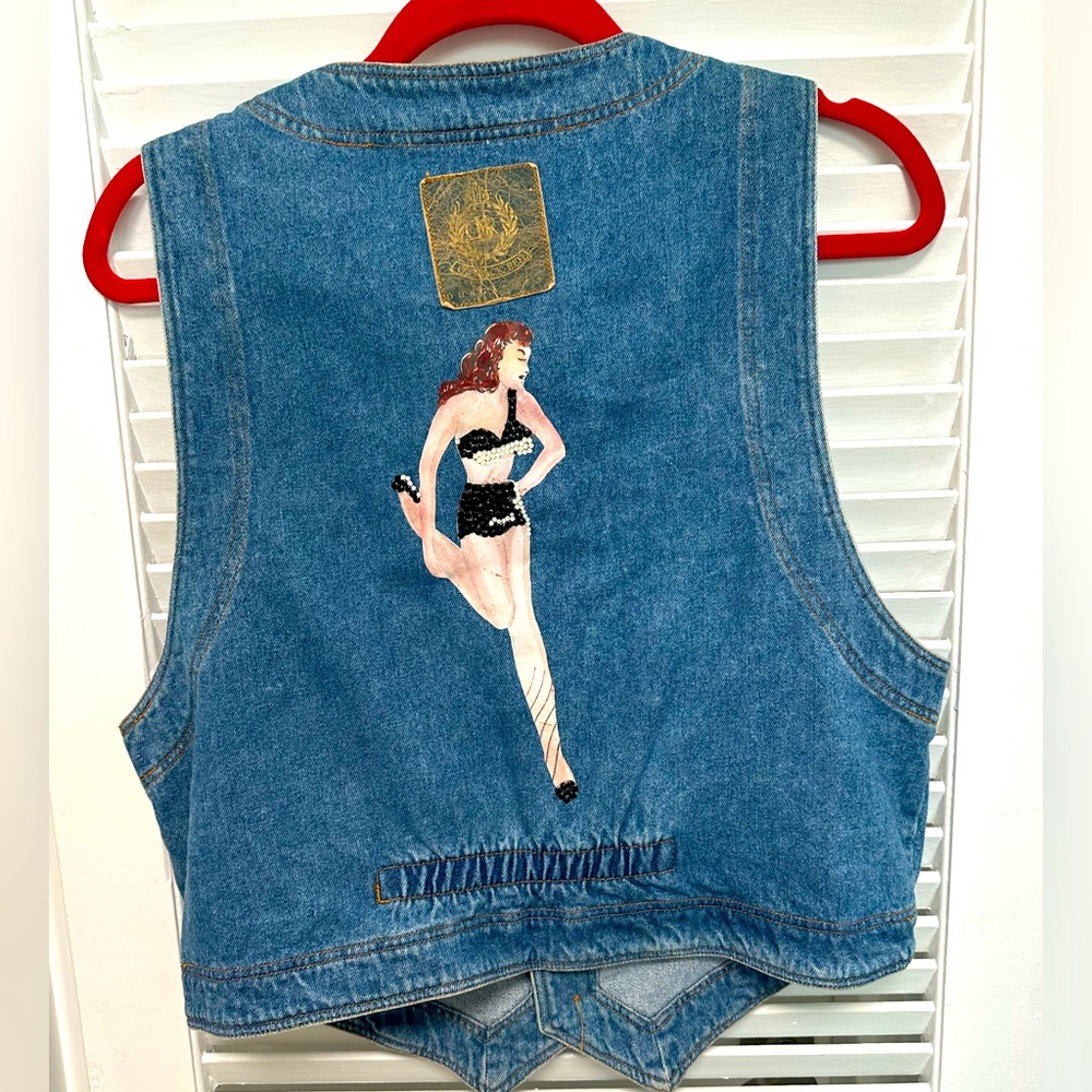 Denim Jean Jacket Vest Vintage Handmade Rhinestone Design size medium like new